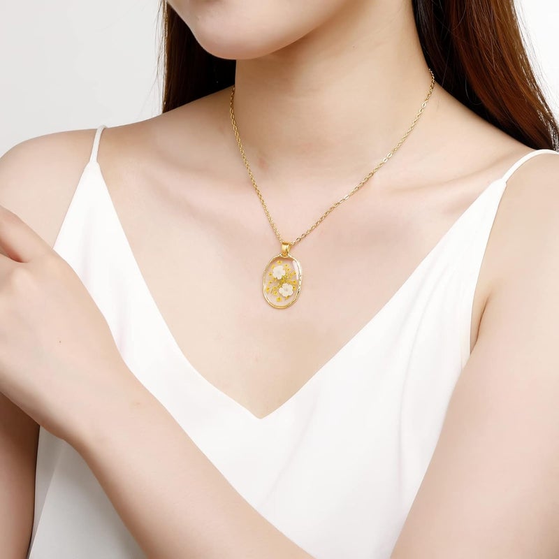 AUNTESIGN Store Forget-Me-Not and Queen Anne's Lace Pressed Wildflower Necklace | Birth Month Real Flower Necklace | Gold/Silver Pressed Flower Jewelry | Personalized Handmade Jewelry - Image 1